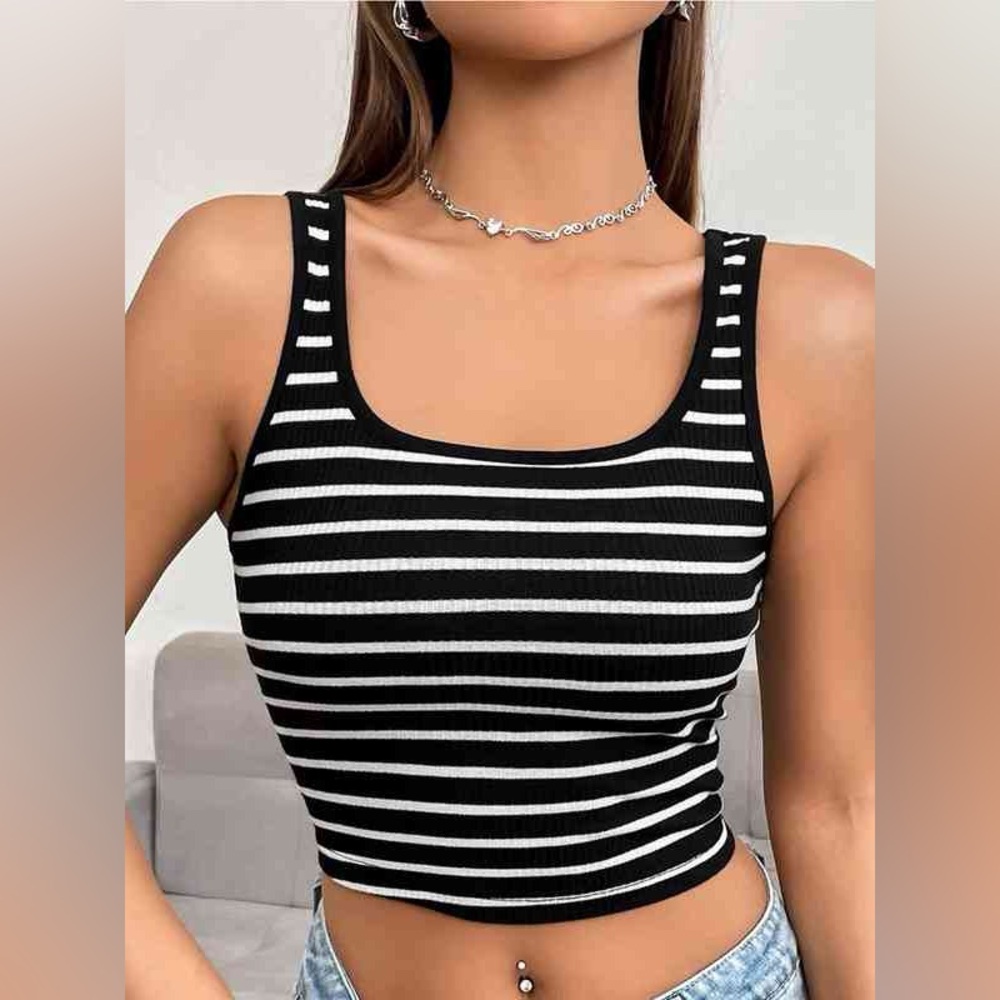 Dynamite Black and White Striped Crop Tank Top